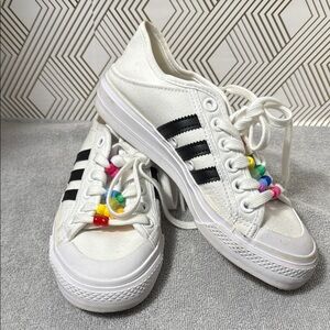 Adidas White Sneakers with Black Stripes girls big kid 4